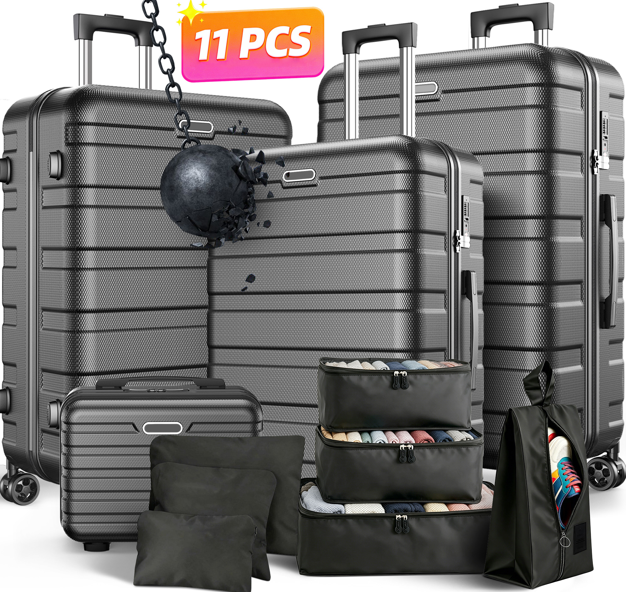 Luggage Sets 11 Piece, Hardside ABS Durable Suitcases Sets, Lock Travel Checked Luggage Carry on Luggage Sets Black