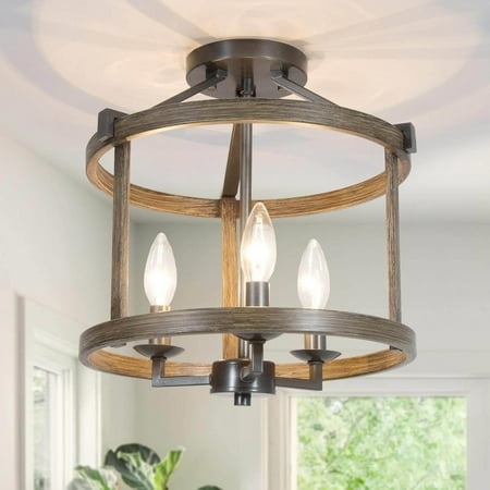 

LNC 3-Light 12-in Distressed Wood Brown and Brushed Silver Black LED Semi-flush Mount Light Cage Modern Farmhouse Ceiling Light