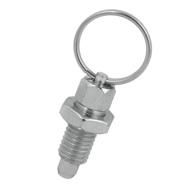 ZheElen Index Plunger Steel Pull Ring and Lock Nut Spring Loaded Plunger M16-10 made of stainless steel. Features a zinc-plated steel pin with a retractable design, ring pull mechanism, and spring-loaded functionality. Ideal for various hardware applications, including fastening and indexing.