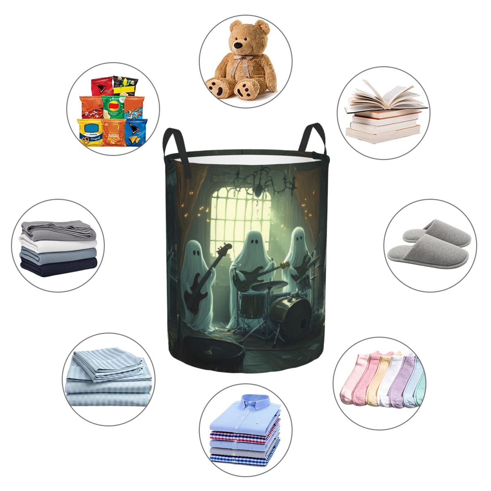 Large Laundry Basket with Handles - Halloween Ghost Guitar Band Kids Baby Dirty Clothes Laundry Hamper for Bedroom Aesthetic