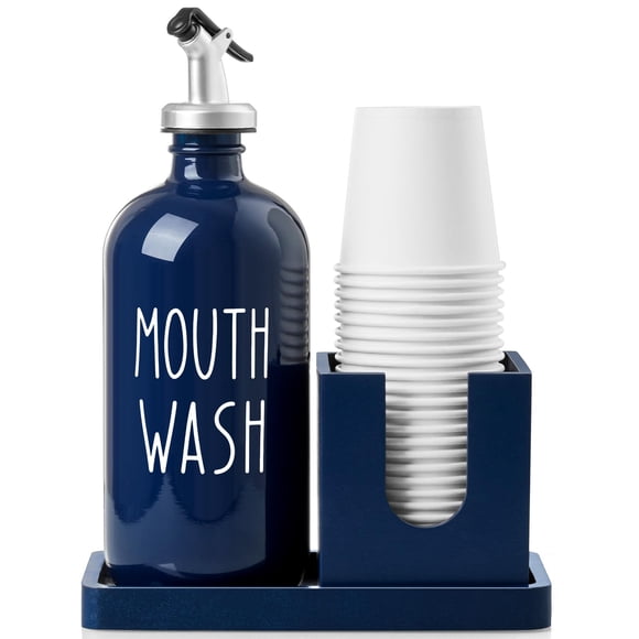 Dispensador de enjuague bucal Bivclaz Glass de 500 ml con portavasos, color azul marino