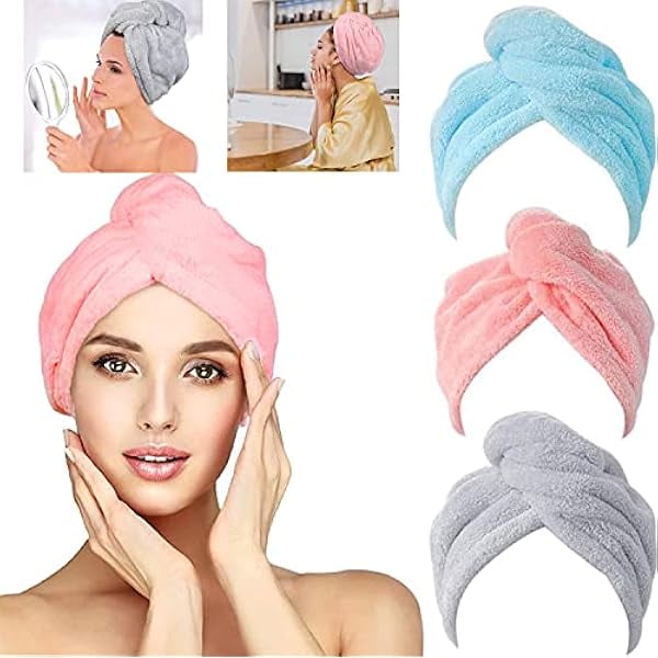 wonima11 Microfiber Towel with Buttons, Ladies Quick-Drying Hair Towel, Special Headscarf for Wet Hair, Drying Curly Long and Thick Hair, 3 Packs of Shower Caps (Pink, Blue, Gray)