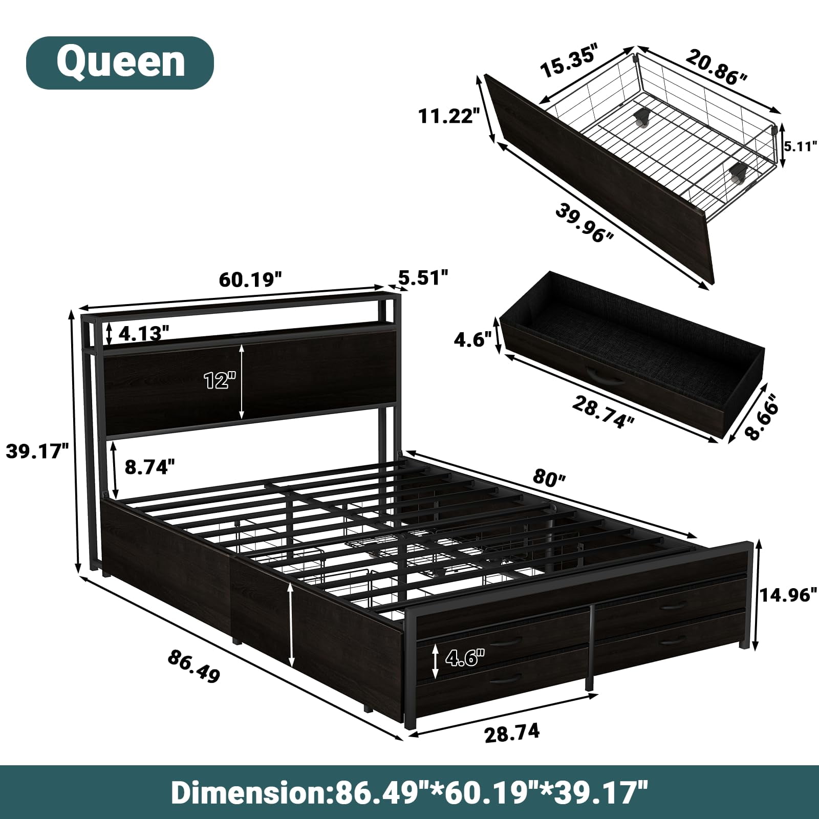 ZIVACATE Queen Bed Frames with Headboard, Queen Size Storage Bed Frame with 8 Drawers, Built-in Charging Ports & Outlets, Adjustable Atmospheric LED Lights, Queen-Size Metal Foundation Beds, Black