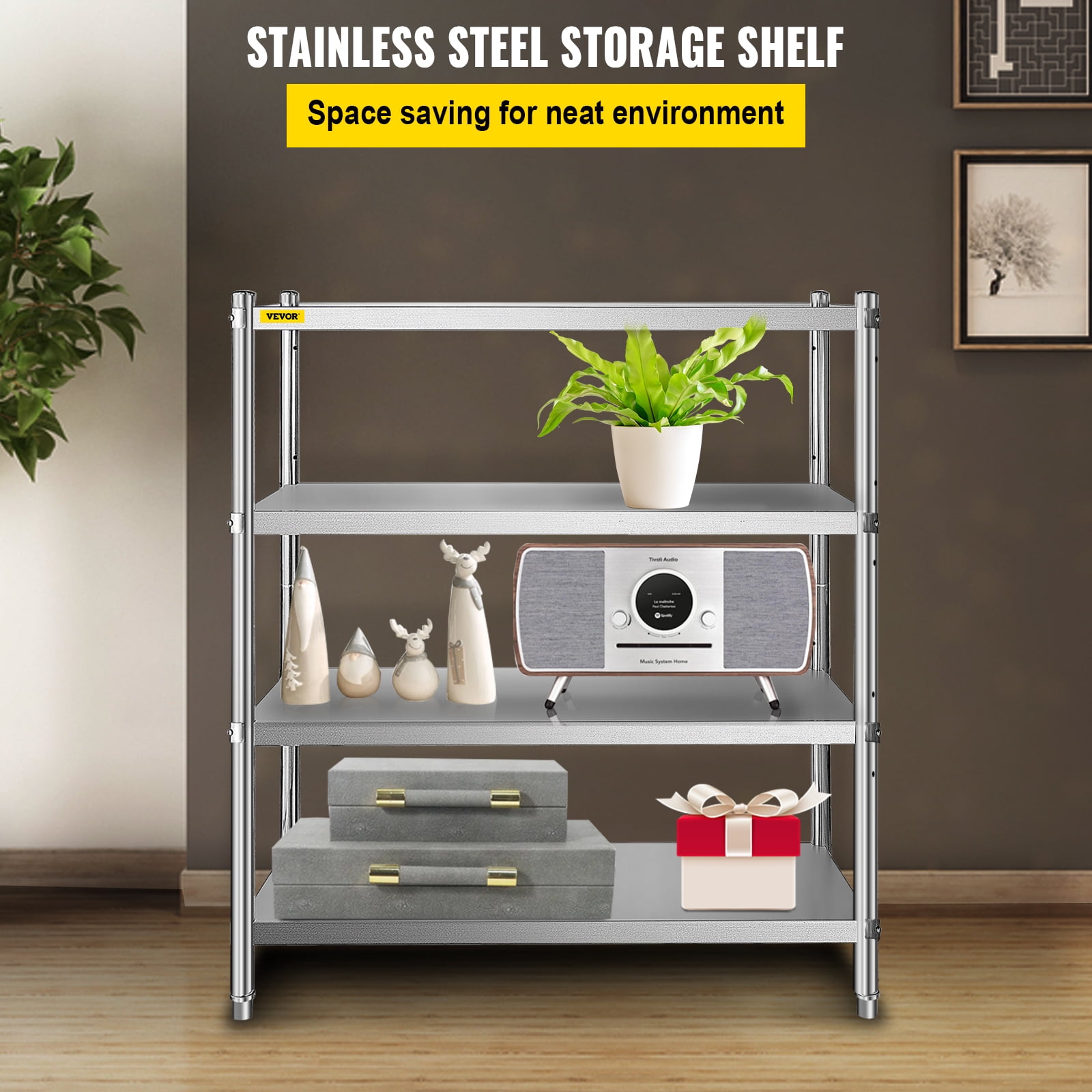 VEVOR Stainless Steel Shelving 46.8x18.5 inch 4 Tier Adjustable Heavy Duty Shelf Storage Unit