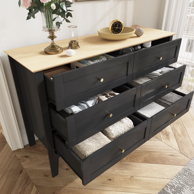 Zosquare 6 Drawer Dresser for Bedroom, Modern Shaker Style Black Dresser with Wood Top and Gold Knobs, Minimalist Chest of drawers for Bedroom, Living