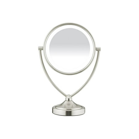 Conair® Reflections Double-Sided Fluorescent Lighted Vanity Makeup Mirror, 1x/10x magnification, Satin Nickel