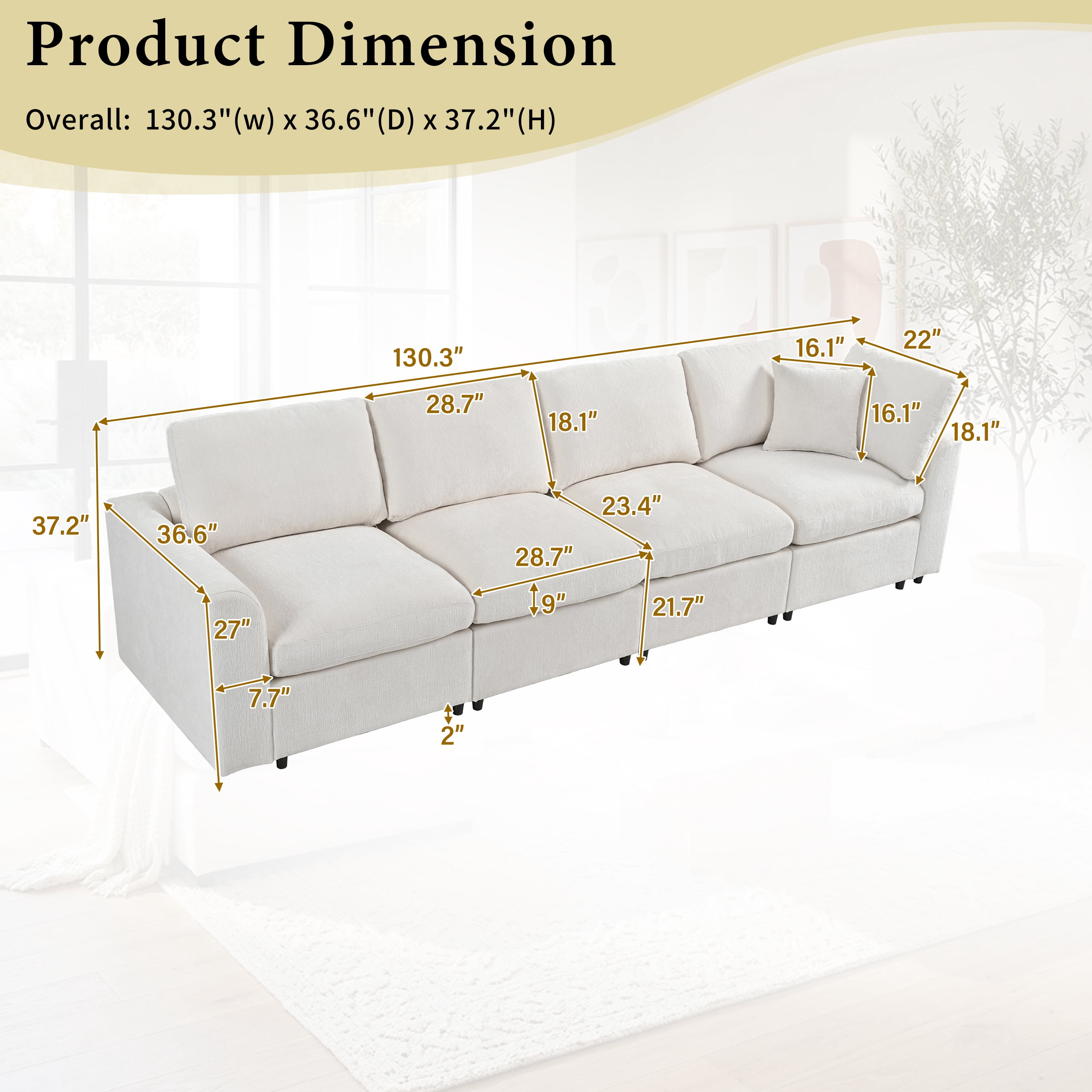 Howcool 130.3"W Modern 4-Seater Modular Sofa,Soft Chenille Upholstered Sofa Couch with Deep Seat & Accent Pillow for Living Room,Apartment,Gray