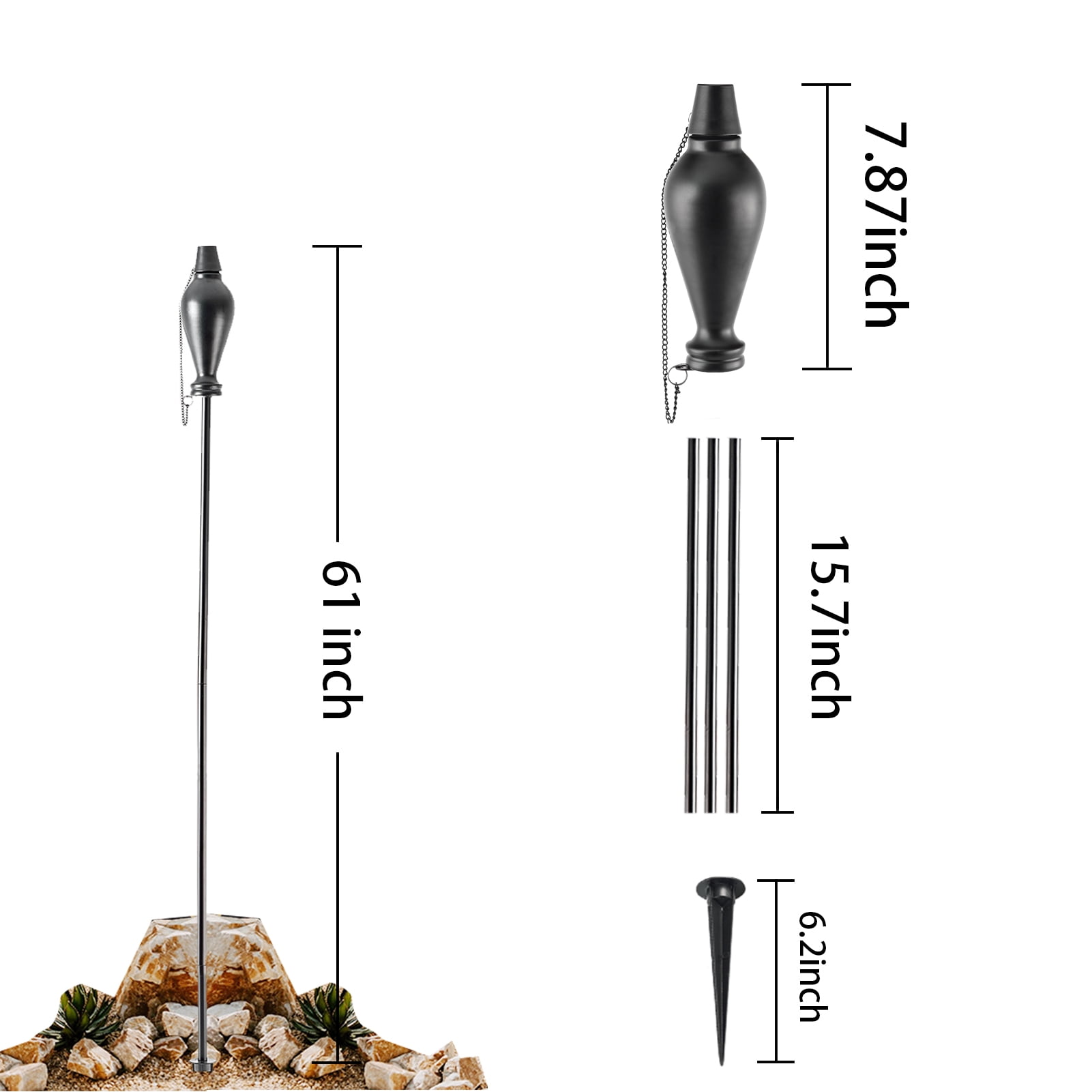 6 Pack Metal Citronella Torches Outdoor, 57 Inch Tall Garden Torches for Outside, Flame Metal Torches, Matte Black Refillable Outdoor Torches with Grounded Stake for Backyard Pathway Patio Party