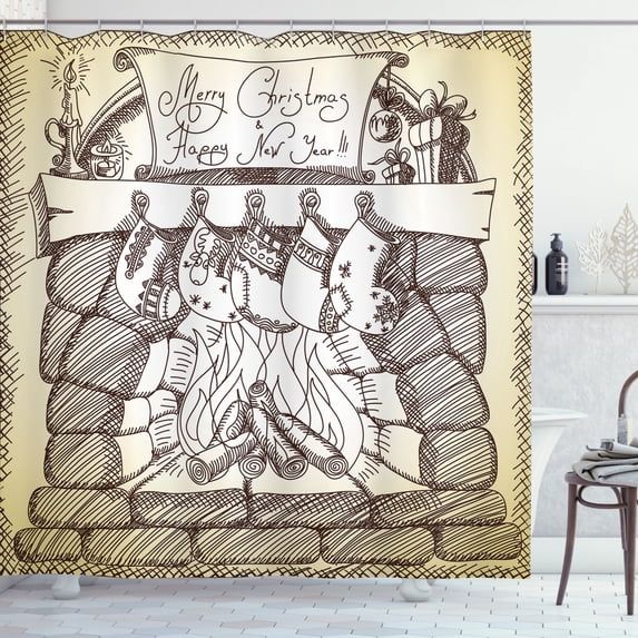 Fireplace Shower Curtain, Hand Drawn Sketchy Design Merry Christmas and Happy New Year with Stockings, Fabric Bathroom Set with Hooks, 69W X 84L Inches Extra Long, Beige Dark Taupe, by Ambesonne