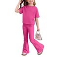 thumbnail image 4 of Grblisyd Girls Outfits Size 10-12 Summer Solid Color Casual Short Sleeve Crew Neck Top Flared Pants 2PCS Set Little Girl Outfits, 4 of 6