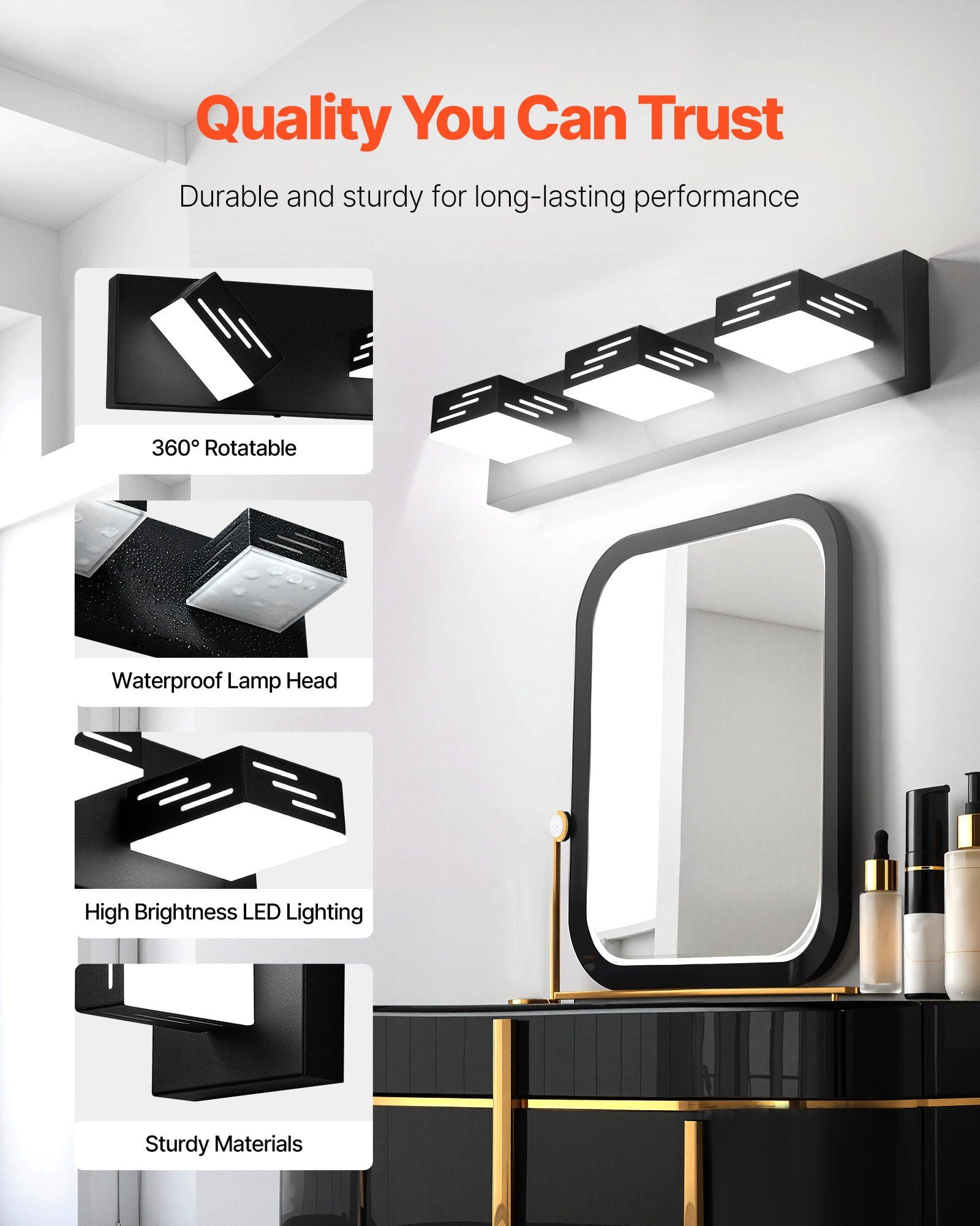 3 Light LED Modern Vanity Light Fixture 19.69 Inch Black Bathroom Wall Lighting Over Mirror IP44 Waterproof for Bathroom Living Room Bedroom Hallway Cool White 6000K