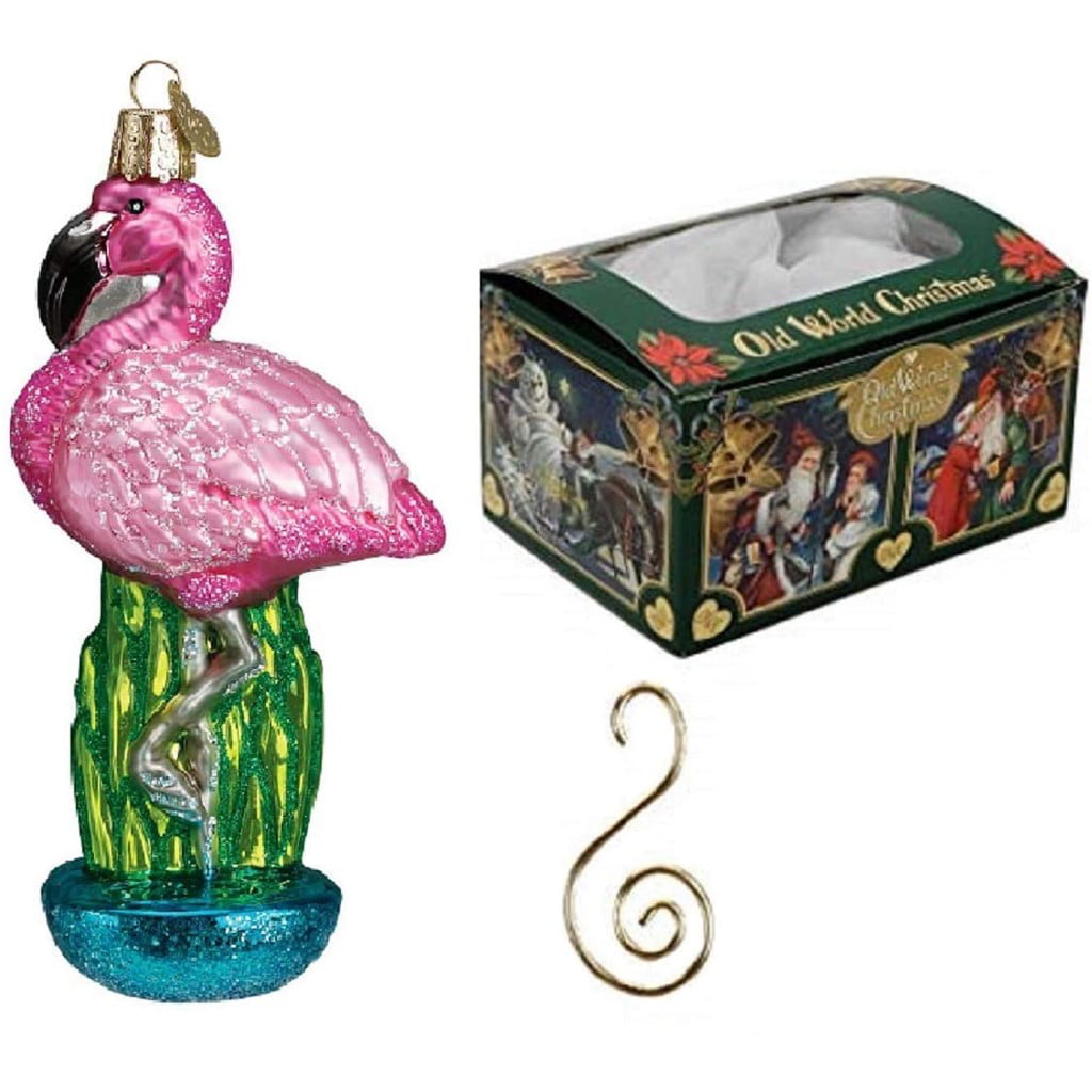 Old World Christmas Glass Blown Ornament with S-Hook and Gift Box Birds Collection Flamingo