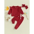 thumbnail image 2 of Bslissey Toddler Baby Girls Pants Set Solid Color Long Sleeve Sweatshirt + Elastic Waist Pants + Bow Headband 6M 12M 18M 24M 3T Infant Fall Casual Daily Clothes, 2 of 8