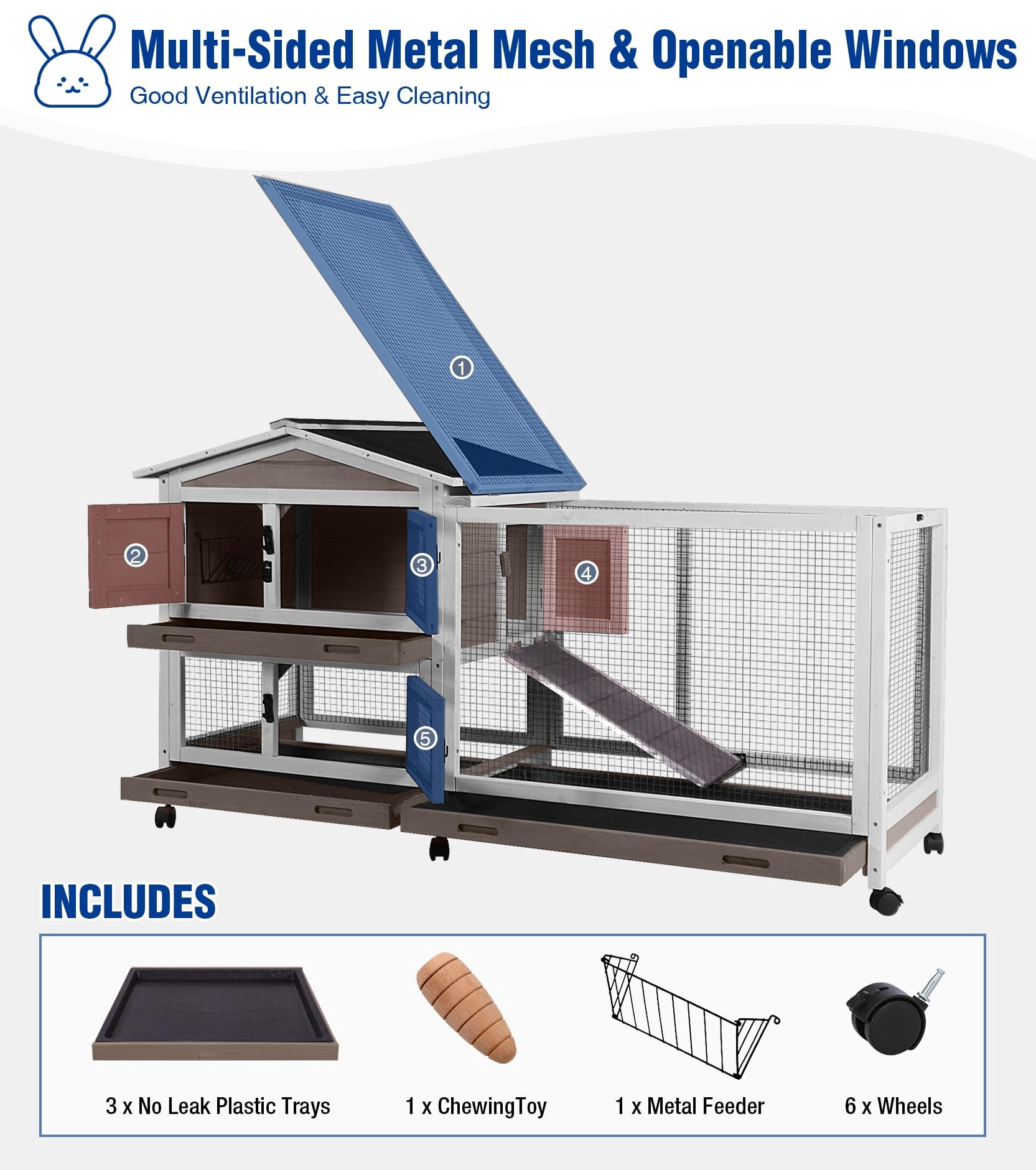 Aivituvin Large Rabbit Hutch Indoor, Bunny Cage Outdoor with Chew-Proof Ramp, 2-Story Guinea Pig Cages with 6 Wheels, 3 Pull-Out Trays, Waterproof Asphalt Roof, 62" L - Coffee