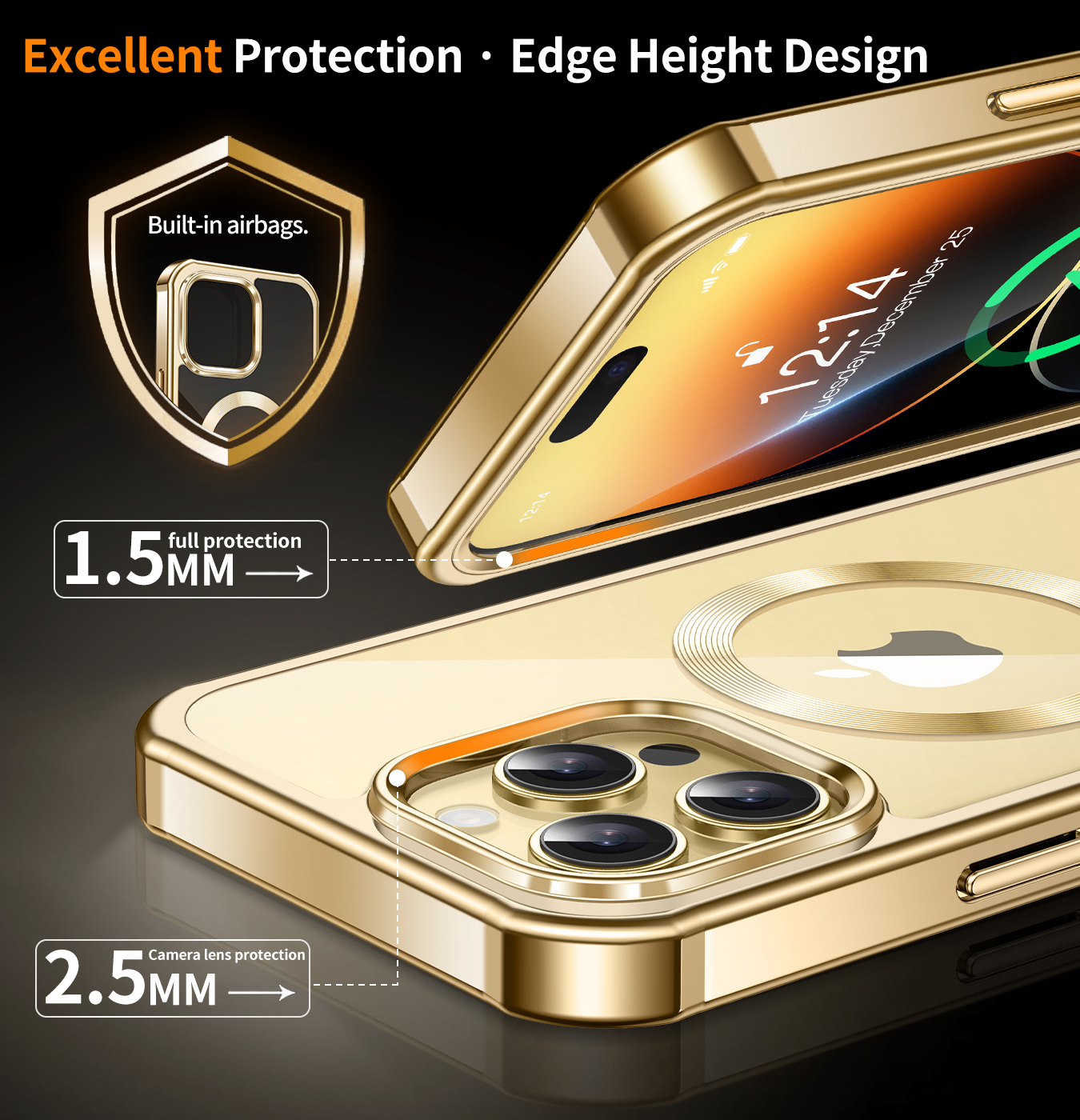 JETeacka iPhone 14 Pro Case(6.1") MagSafe Compatible Full Body Rugged Built-in Touch Sensitive Screen Protector Anti-Scratch Clear Case, Luxury Gold