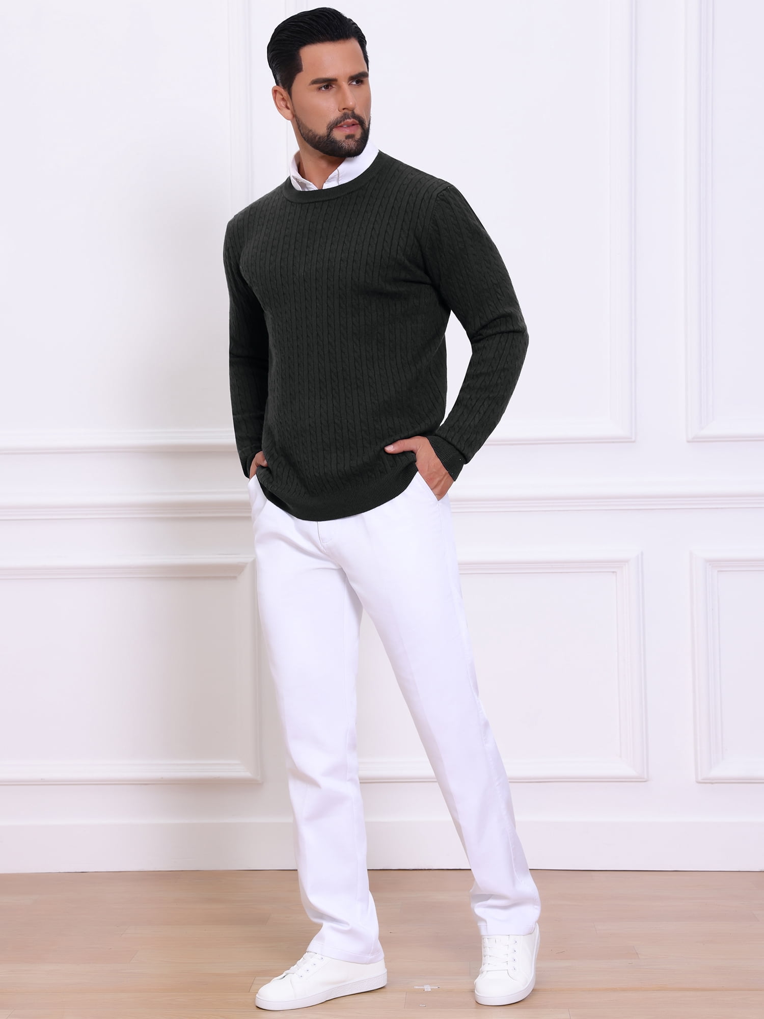DARING DIVA Men's Crew Neck Long Sleeve Soft Cable Knit Pullover Sweater L Black