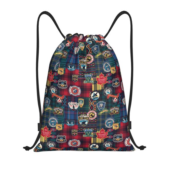 Kuqiui Adventure Camping Badge Print Drawstring Backpack Drawstring Bags,Draw String Back Bag Drawstring Bags for Sports,Gym,Travel,Swimming,Beach