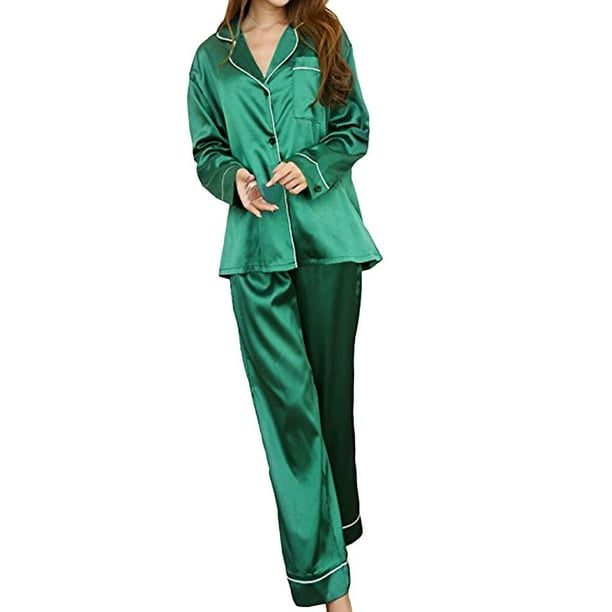 GroBe M Damen Soft Silk Satin Langarm Nachtwasche Schlafanzug Negligee Pyjamas Set