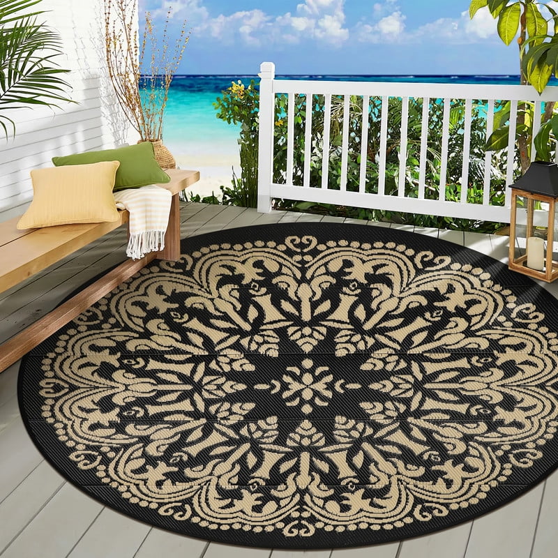 Aonewoe Round Outdoor Rugs 8Ft Waterproof Patio Plastic Straw Rug Reversible Camping Carpet Indoor Outdoor Area Rug for Patio,Deck,Balcony,Picnic,Beach,Outside