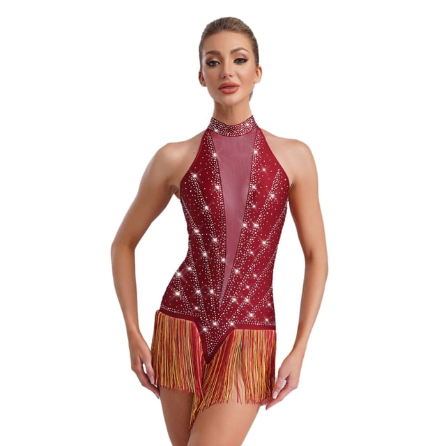 RUNQHUI Robe de Danse de Salon Salsa Tango Sans Manches Col en V Lyrique Jazz Bourgogne L
