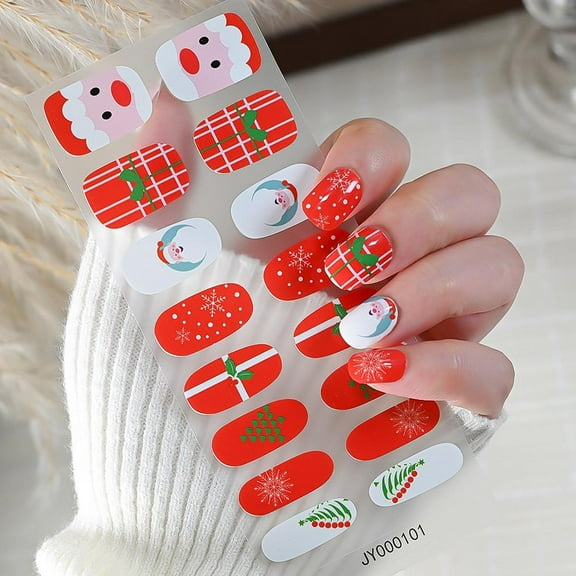 16Tips Christmas Red Full Wrap Gel Nail Stickers Snowflake Santa Claus Winter Free-Baking Stickers Self-Adhesive Xmas Gel Slider