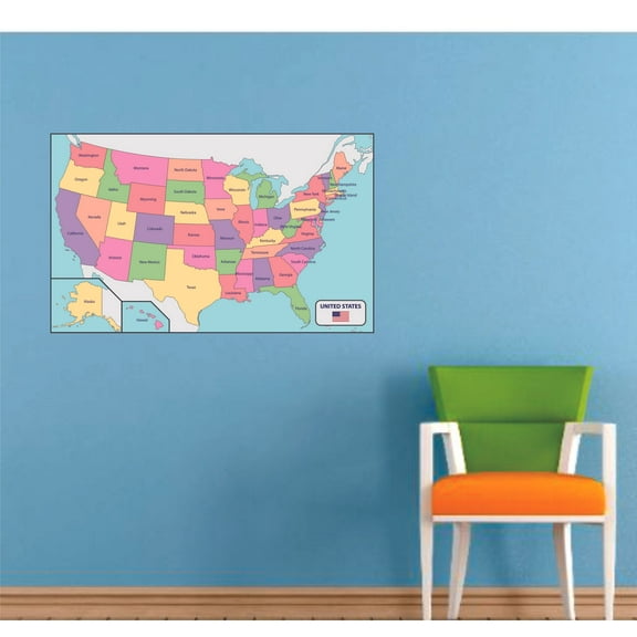 Colored USA Map American Flag Customized Wall Decal - Custom Vinyl Wall Art - Personalized Name - Baby Girls Boys Kids Bedroom Wall Decal Room Decor Wall Stickers Decoration Size (40x35 inch)