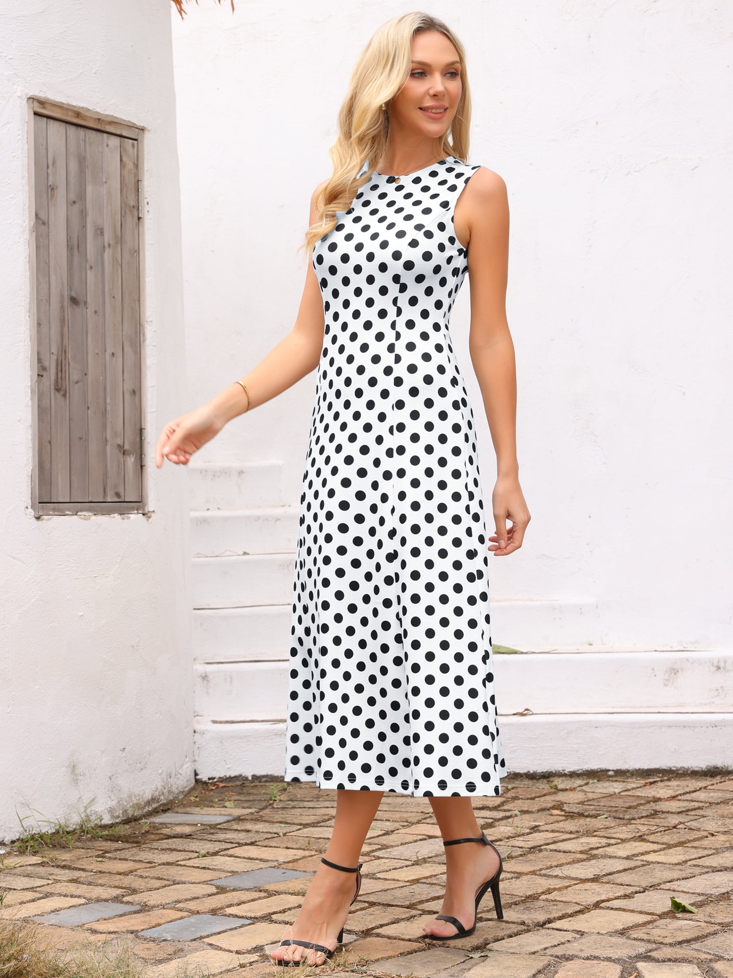 DARING DIVA Women's Polka Dots Sleeveless Sundress Vintage Crewneck Midi Dress M White