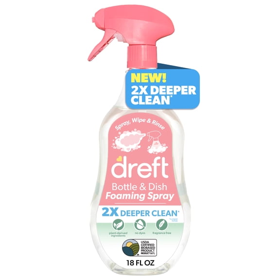 Dreft Foaming Baby Bottle and Dish Cleaning Spray, Plant-Derived Formula, 18 Fl Oz