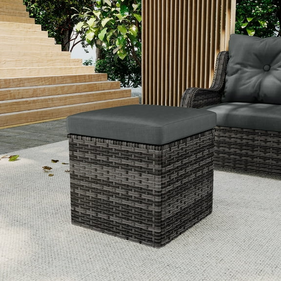 2 PCS Outdoor Patio Ottoman, All-Weather Grey Brown Wicker Rattan Outdoor Footstool Footrest Seat with Dark Grey Cushion