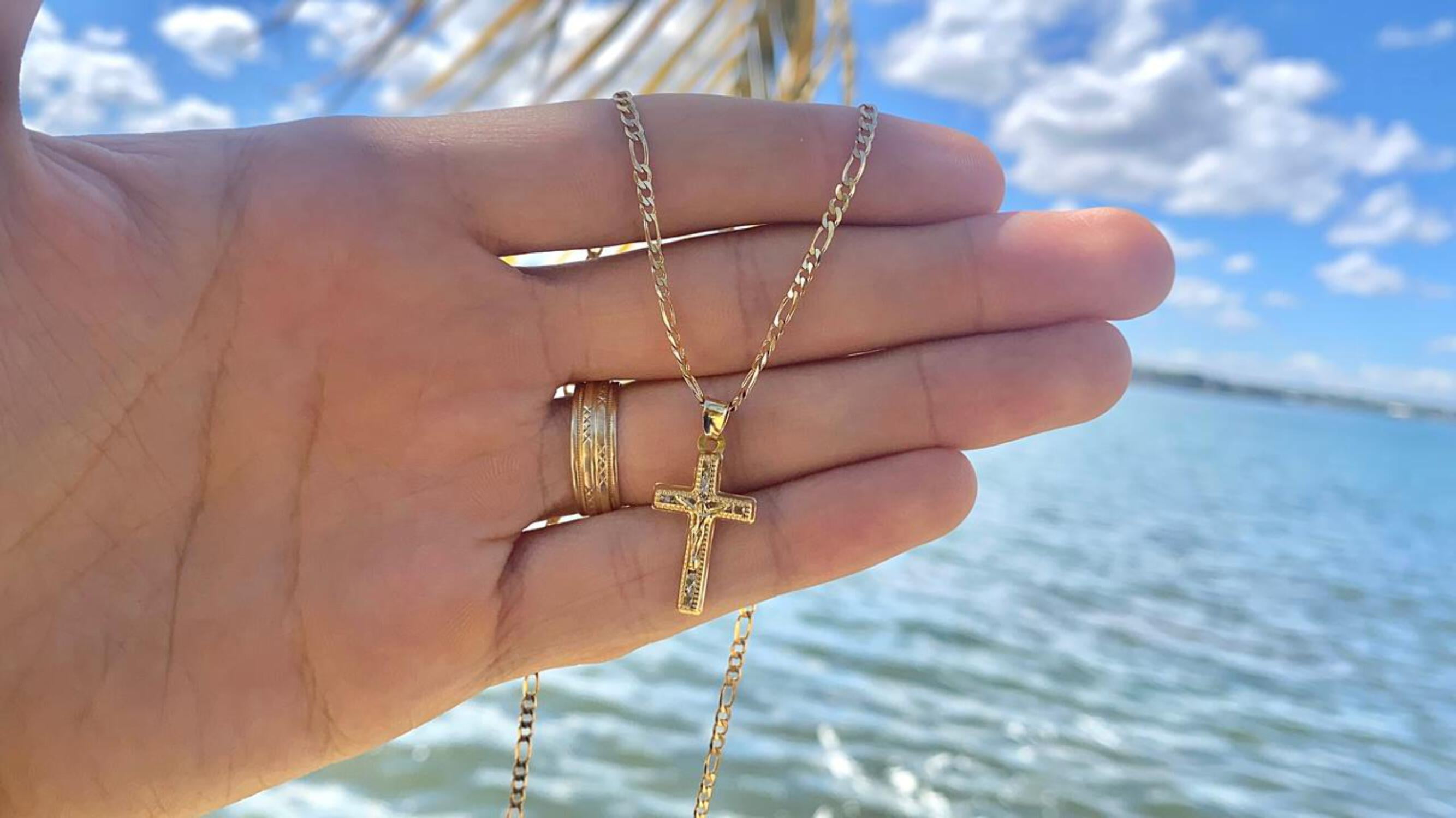 ★COURONNE★ Bellini G Bella Cross 22_RXBRX23114NAX CZ Cross Charm Necklace Figaro Chain 14K Gold Filled