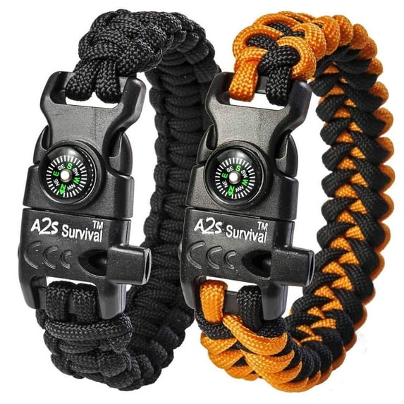 A2S Protection Paracord Bracelet K2-Peak - Survival Gear Kit with Embedded Compass, Fire Starter, Emergency Knife & Whistle (Black/Orange 9")