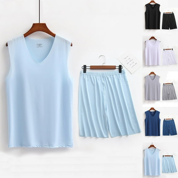 YHAJDS Mens Pajamas Set Pajamas For Men2 Piece Outfits Summer Solid Color Sleeveless V Neck Tank Top Set For Home Fitness And Daily Rest