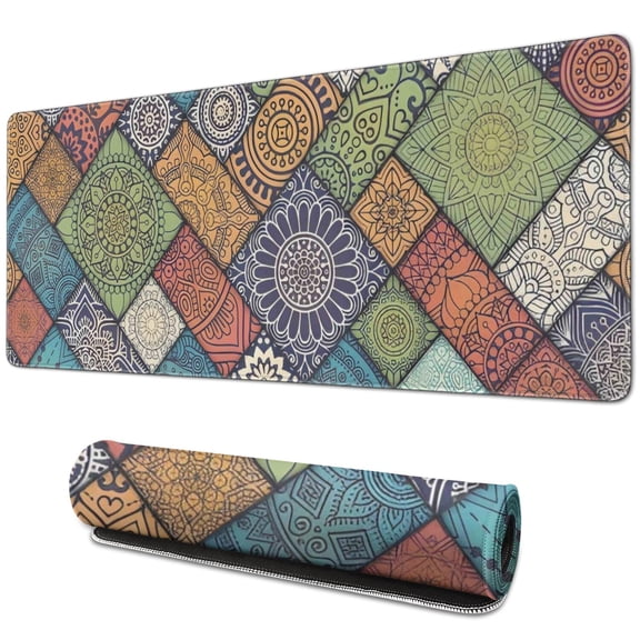 Long Mouse Pads for Desk,Multicolor Ethnic Geometric Patchwork Desk Mats on Top Of Desks, Desk Mouse Pad Extra Large with 3mm Non-Slip Base and Stitched Edge for Gaming,Work,Home 31.5"x11.8"