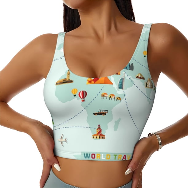 Balery World Travel Map Sujetadores deportivos con espalda cruzada para mujer, acolchados, sin costuras, de alto impacto, ideales para yoga, gimnasio, entrenamiento y fitness.-X-Large
