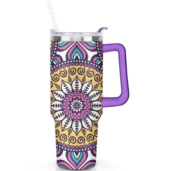 Leak Proof 40oz Boho Mandala Tumbler with Handle, Flip Straw Lid, Vacuum Insulated Stainless Steel Travel Mug, Ideal Gift for Men and Women