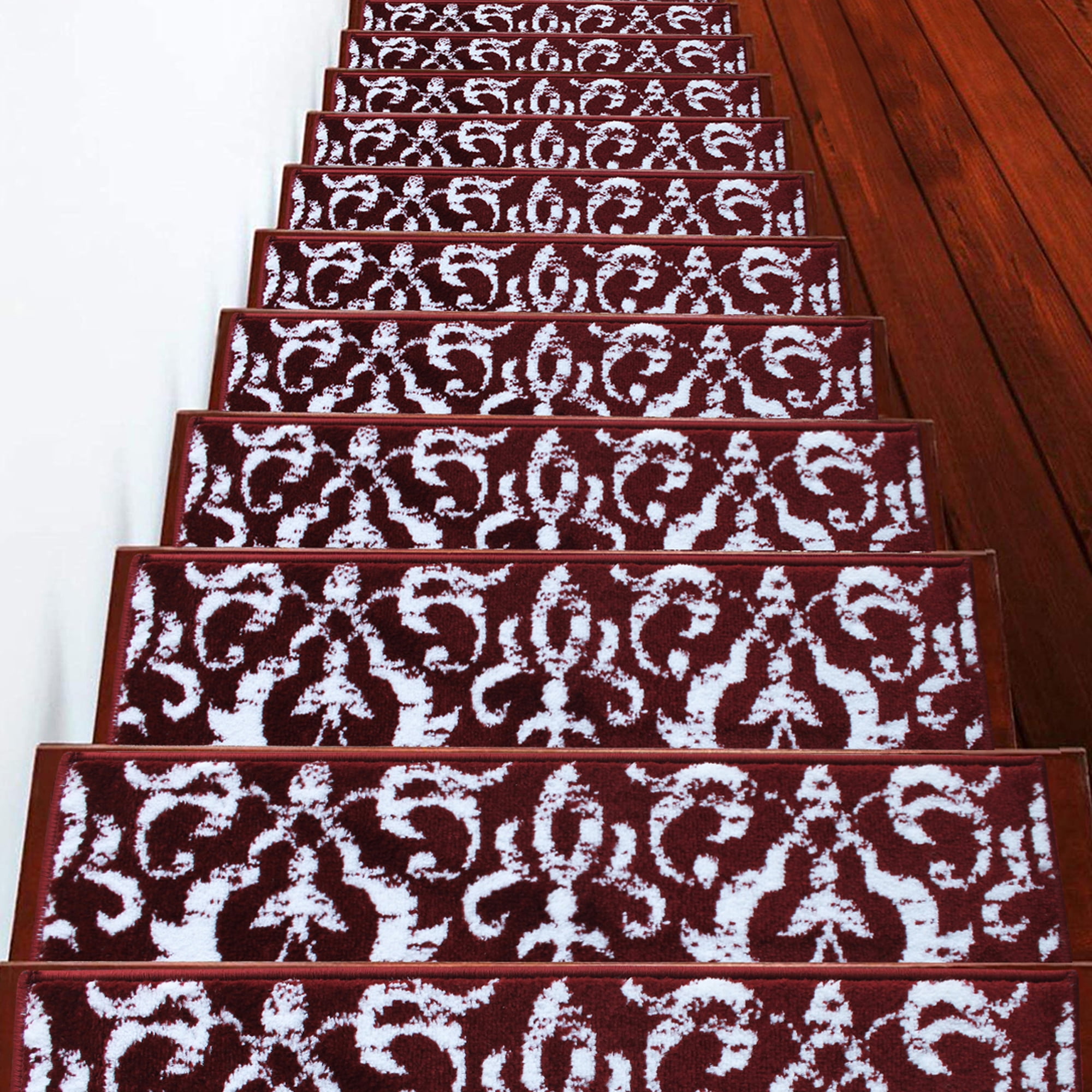 Red and White Floral Anti-Slip Carpet Stair Treads, 9'' x 28''