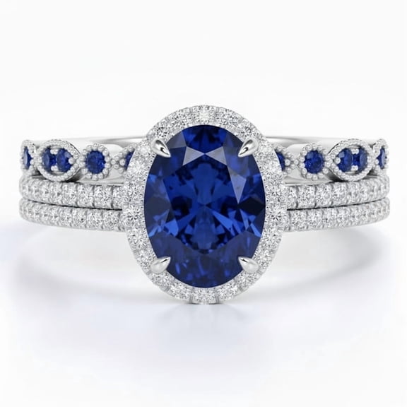 Jewelerix Oval Cut Blue Sapphire Engagement Ring with Moissanite Diamond Halo Ring with Milgrain Band in White Gold, Valentine's Gift