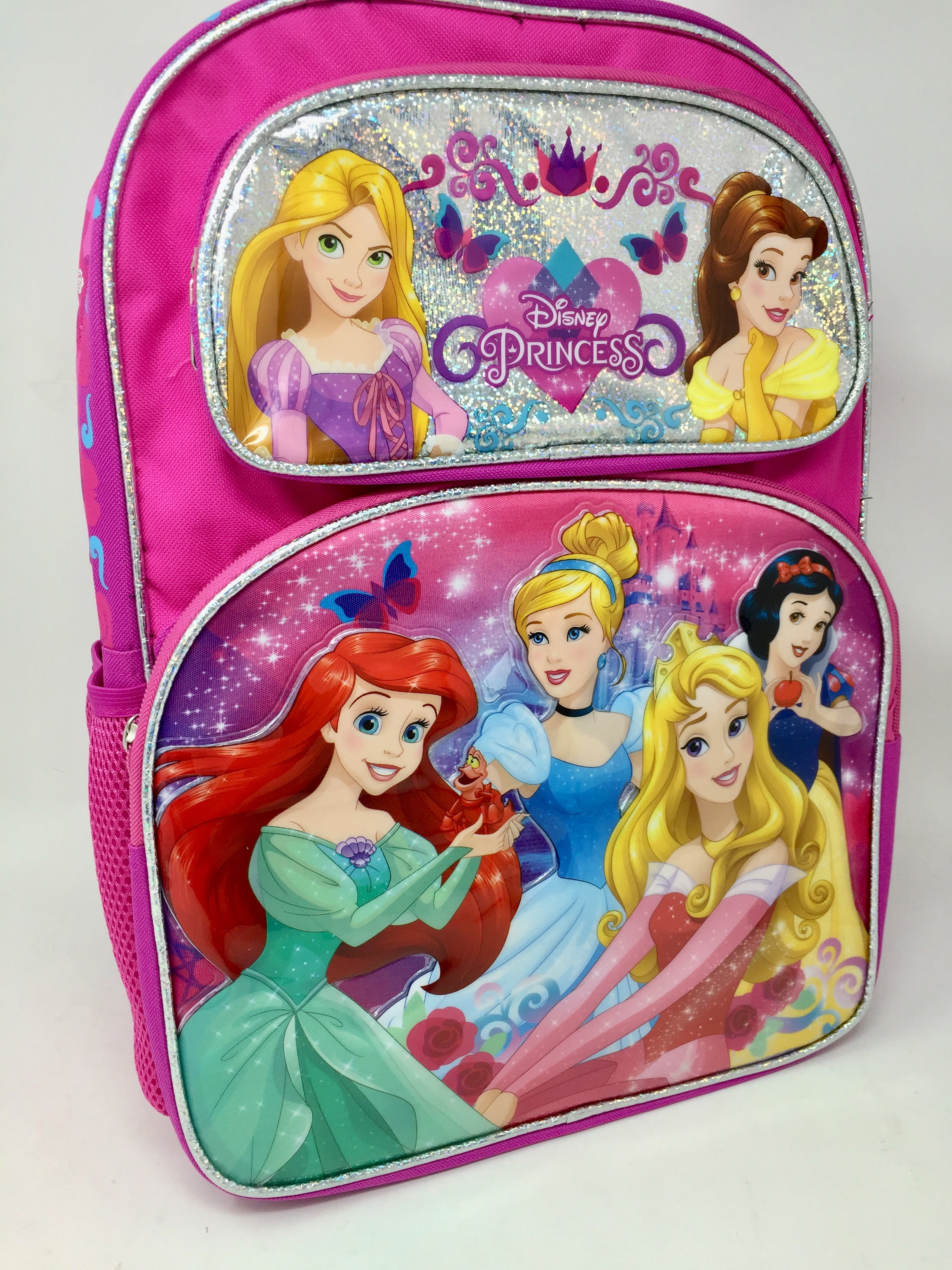 Disney Princess Ariel Rapunzel Snow White Belle Pink 16" Girls Large Backpack 