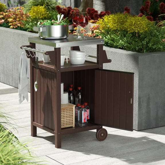 Portable Outdoor Grill Cart with Stainless Steel Top – All-Weather BBQ Table for Patio, Backyard & Kitchen,Brown