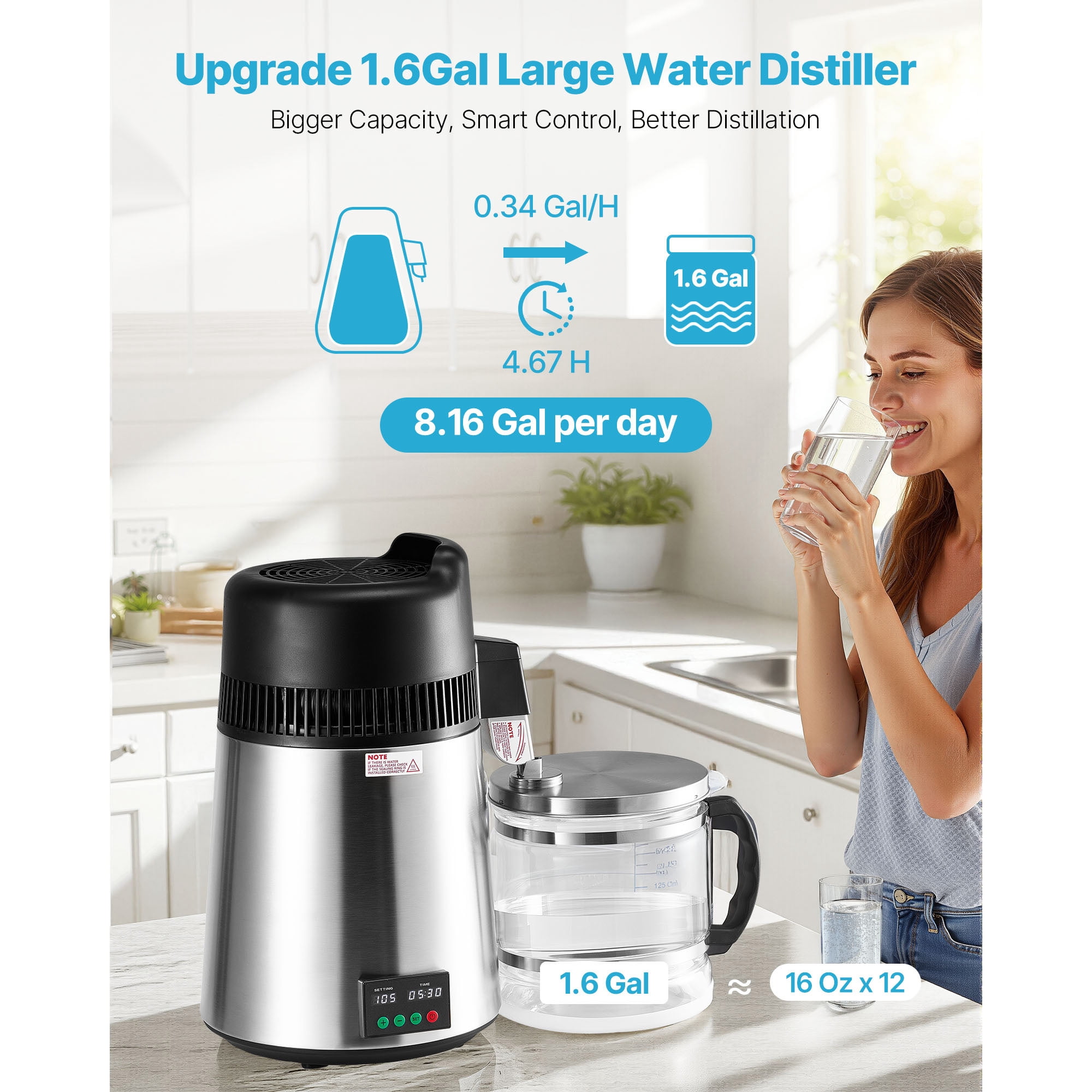 KFFKFF Water Distiller, 6L 1.6 Gallon Pure Water Purifier, Stainless Steel, 11.81x11.81x19.69 in, Silver