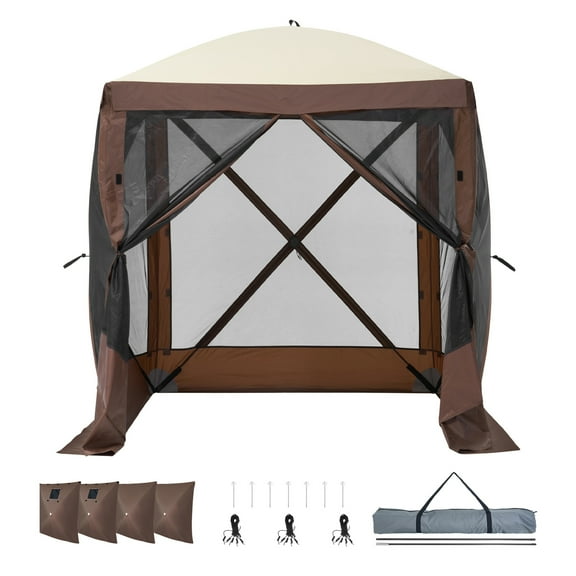 KFFKFF Pop-Up Shelter, 4-Side Screened Canopy with Detachable Wind Panels & Mesh Windows, 6x6FT Instant Screen House with Bug Netting, Brown