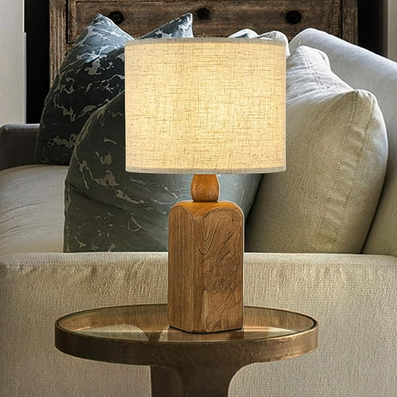 ALOADECOR 18" Farmhouse Small Table Lamp with Honey Natural Wood Base Classic Beige Fabric Drum Shade Bedside Lamp Traditional Desk Lamp for Home Office Foyer Living Room