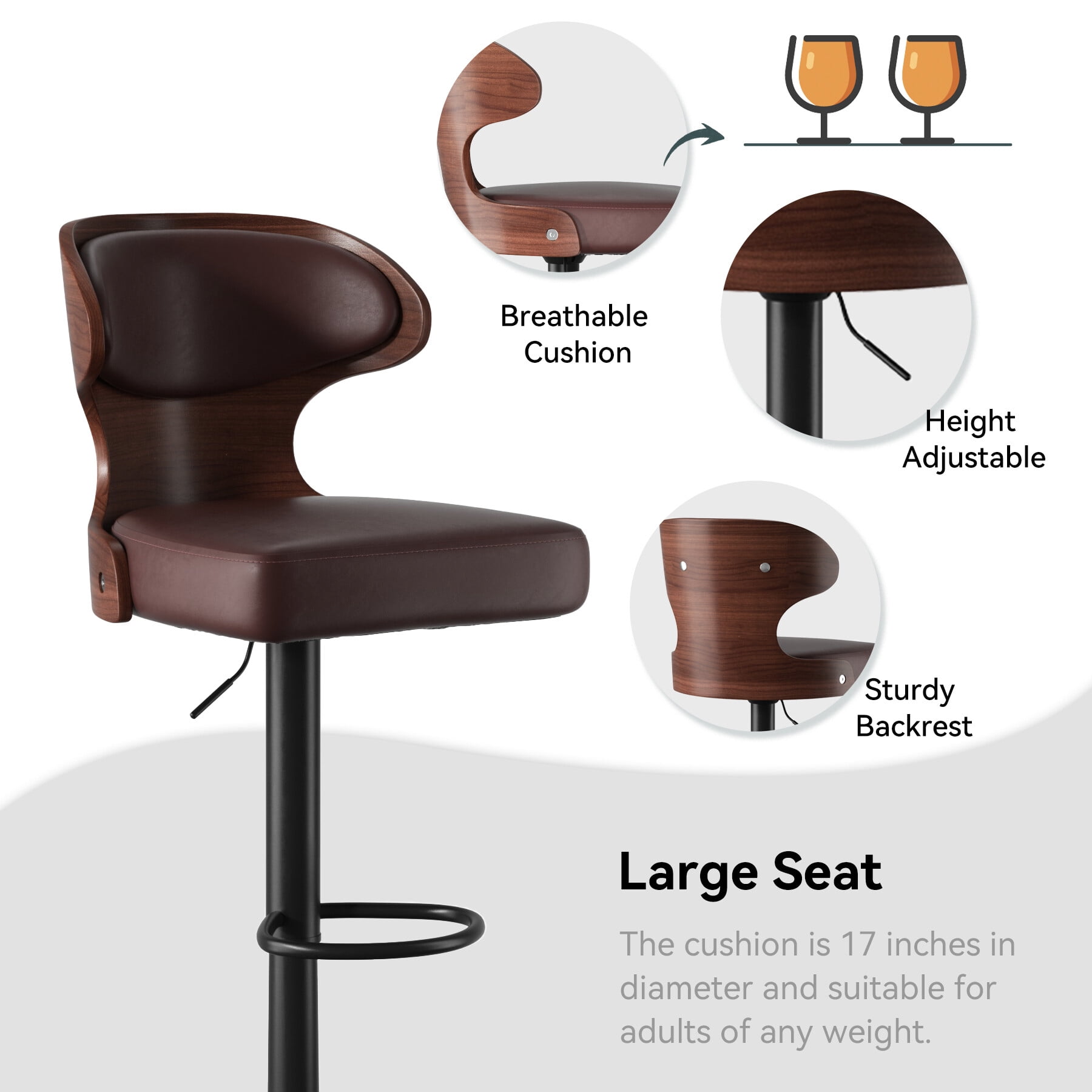 Hawsaiy Bar Stools Set of 4, Adjustable Height 24.5"-33.5", Bentwood Swivel Barstools with Back & Footrest, PU Leather Upholstered Bar Chairs for Kitchen Island, Dining Room, Home Bar