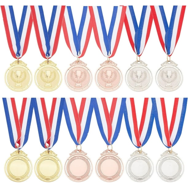 12 paquetes de medallas de juegos deportivos, patrón de copa de desafío, medallas de premio para ganadores, medallas de premio genuinas, medallas de oro, plata y bronce con cinta Nick