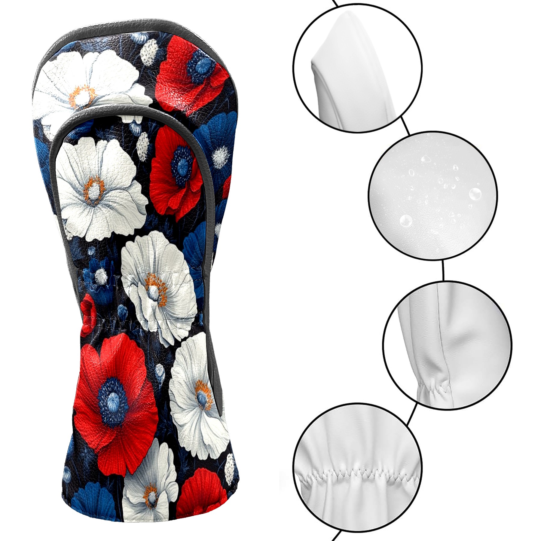Golf Club Covers PU Leather Waterproof Head Covers for Fairway Woods Hybrids Red White Poppy Flowers Unisex Fits Most Brands