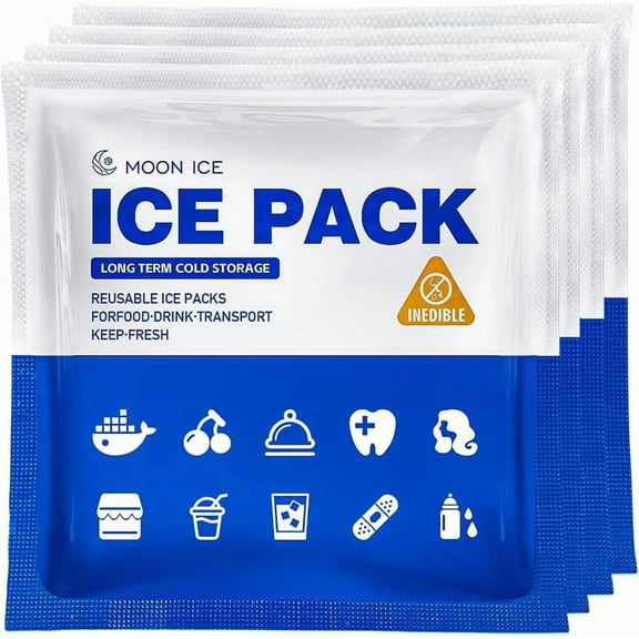 Blue Ice Packs for Coolers, Shipping and Lunch Box, Slim Size Long-Lasting Reusable Ice Pack, 4" x 4" Cold Gel Freezer Packs for Camping, Beach, Fishing, Shipping Food