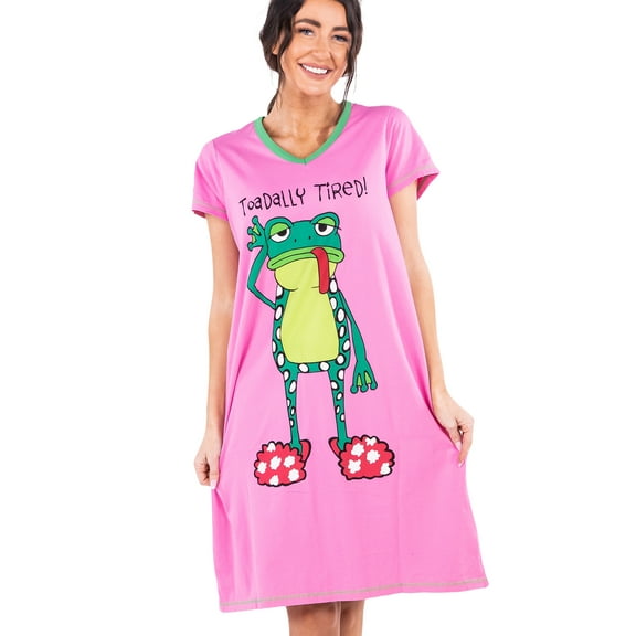LazyOne Women's Nightgown, Funny V-Neck Sleep Shirt for Women (Toadally Tired, S/M)