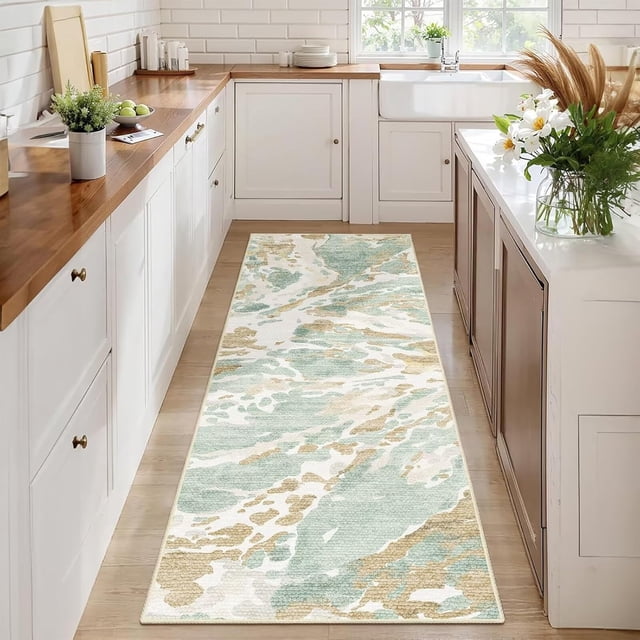 DEXDE 2x6 Runner Rug Washable Modern Abstract Non Slip Low Pile Throw Rugs Soft Indoor Carpet for Hallway Kitchen Bedroom Bathroom Laundry Entrance,Blue Bedside Living Room, Green