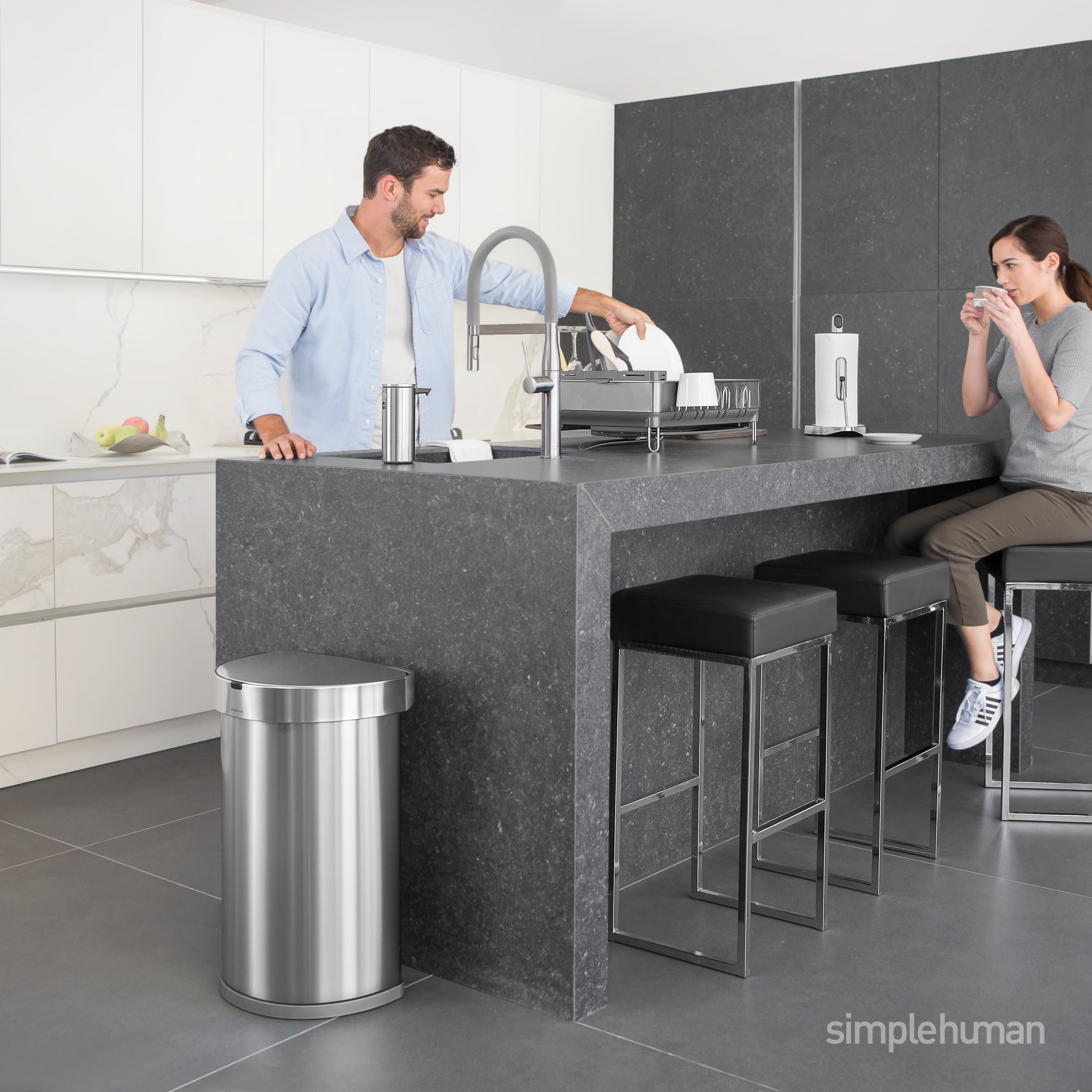 simplehuman 45-Liter Fingerprint-Proof Brushed Stainless Steel Semi-Round  Metal Household Trash Can CW2030 - The Home Depot