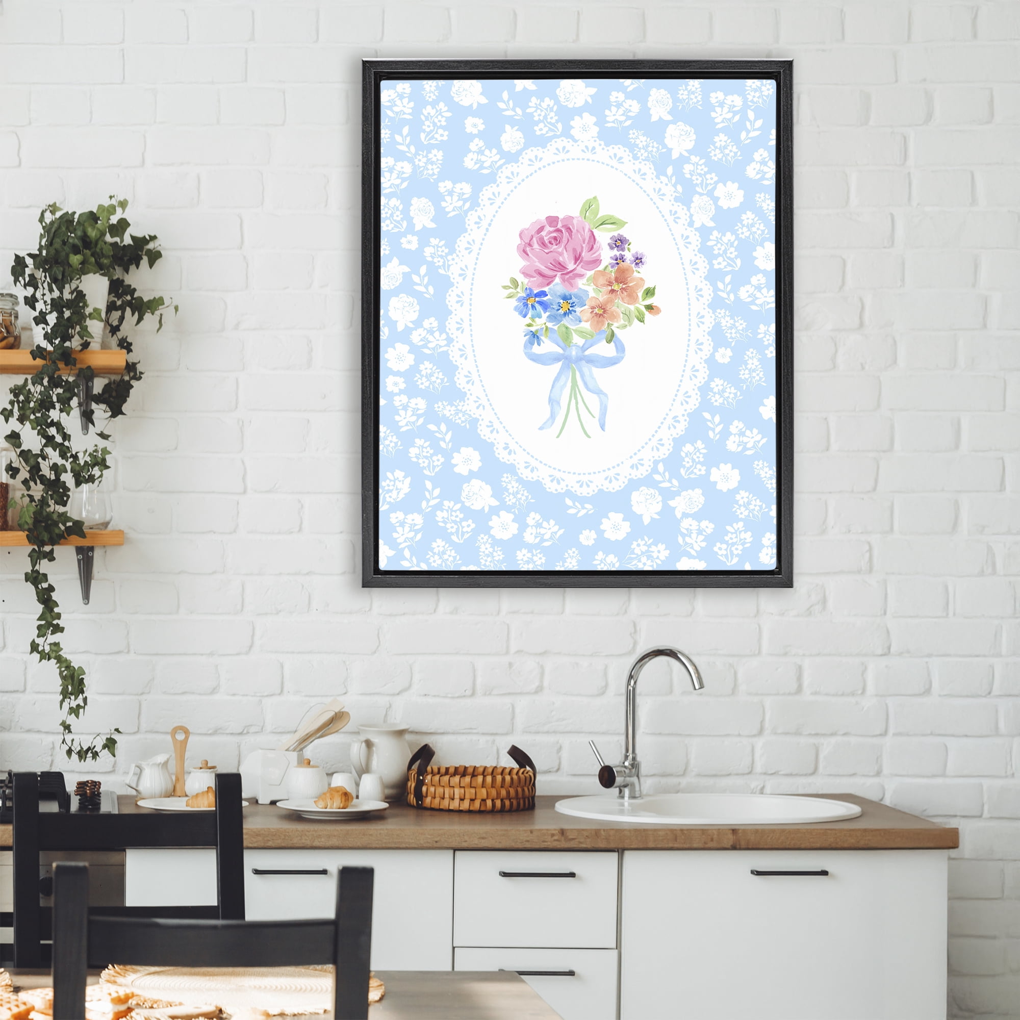 Stupell Industries Blue Feminine Bouquet Black Framed Floater Canvas Wall Art, design by Corinne Haig